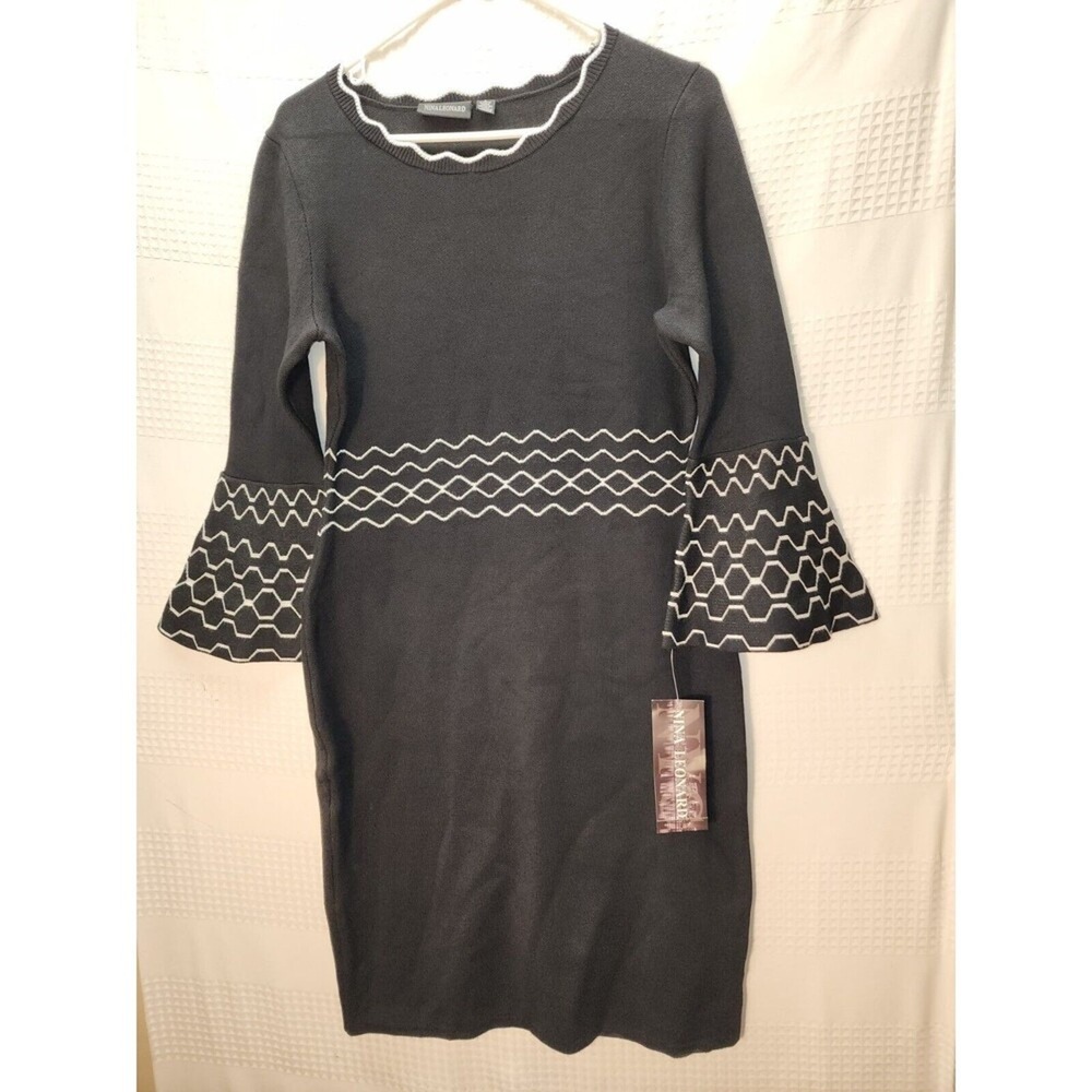 Nina Leonard Womens Scalloped Jewel Neck Bell Sleeve Knit Dress Black Small